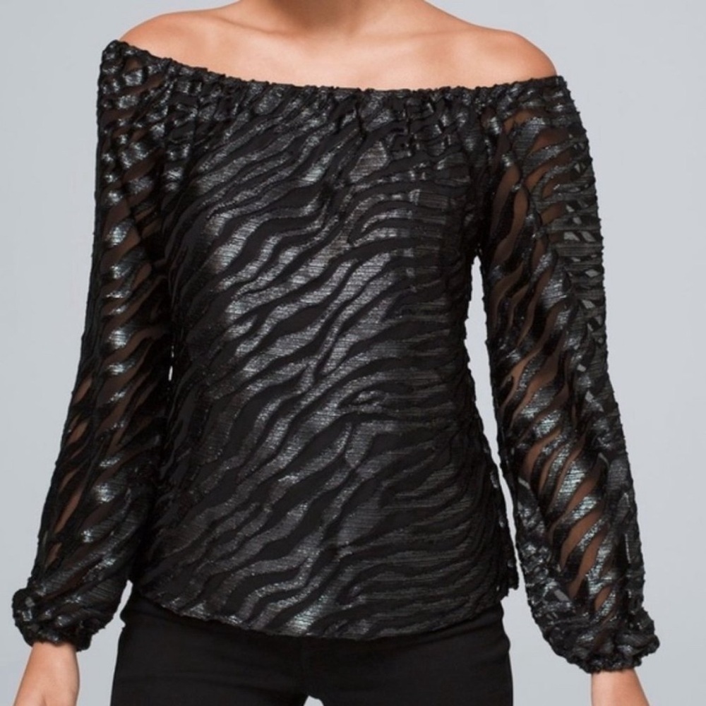 White House Black Market Black Silver Shimmer Burnout Long Sleeve Top S Small